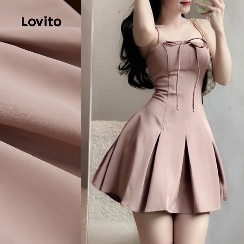 (Casual) Lovito Vestido com Pregas Laço Na Frente para Deslocamento Primavera/verão Vestido Caqui L155ED1935