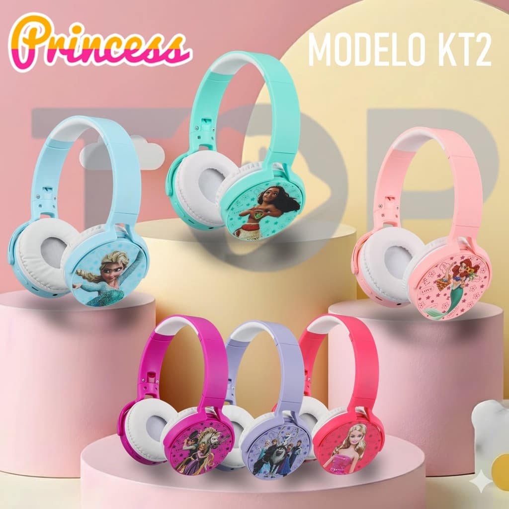 Fone de ouvido princesas modelo KT2 sem fio conexão bluetooth, fofo e divertido, entretenimento para crianças