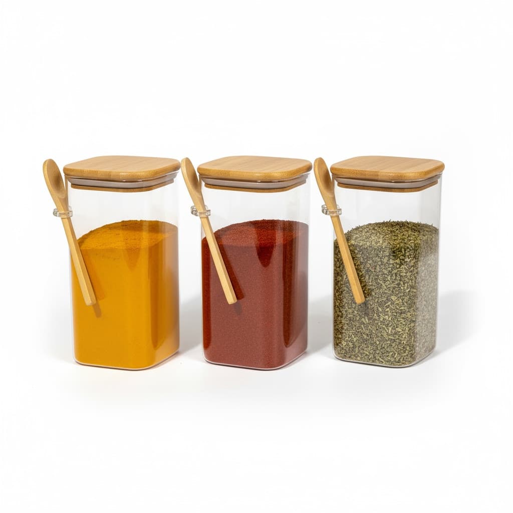 Potes Herméticos de Vidro Kit 3 unidades 1400ml com Tampa de Bambu e Colher Porta Mantimentos,