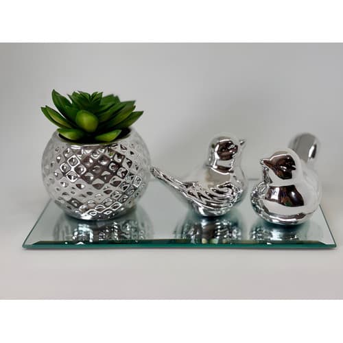 Kit Bandeja Espelhada com Vaso Suculenta Cerâmica Prata e Passarinhos