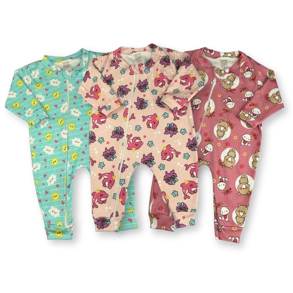 Kit com 3 Macacões de Suedine 100% Algodão Estampados com Zíper - Para Bebês de 0 a 9 Meses