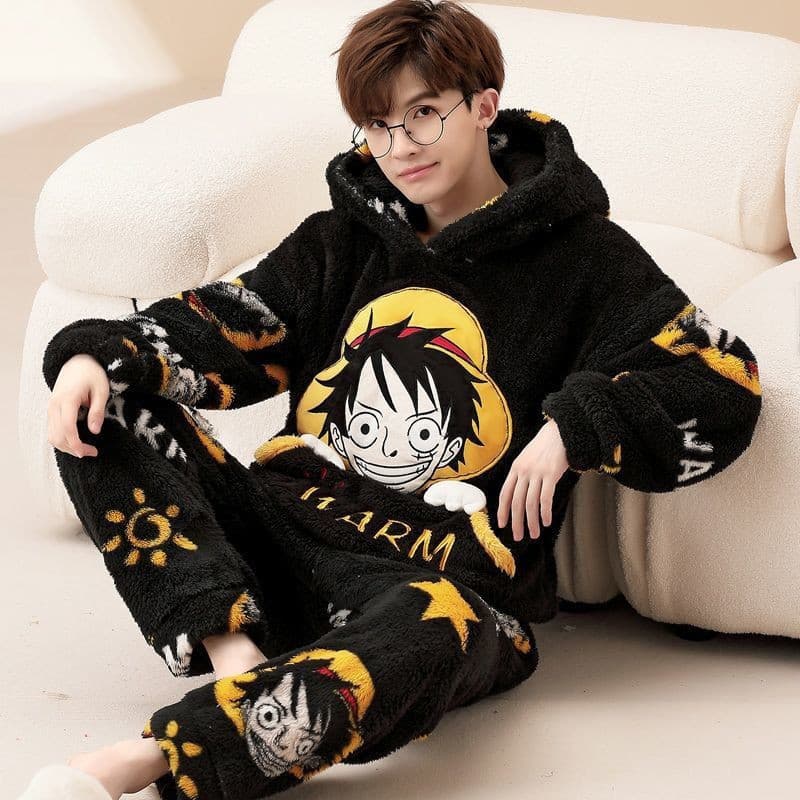 Forro de lã Luffy Juventude Masculino Uma Peça Com Capuz Engrossado Loungewear Pijama Coral Fleece Flanela Outono Invern