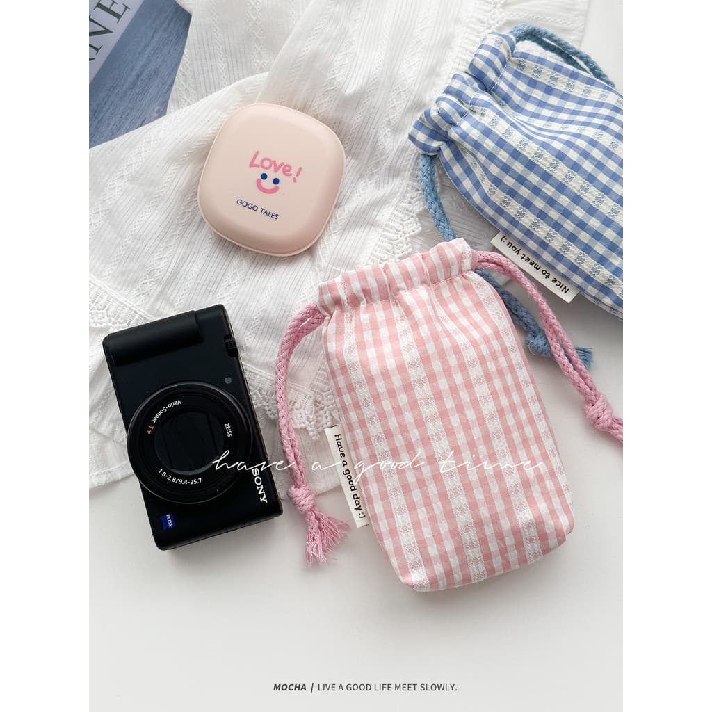 Saco de armazenamento de máquina de cartão CCD resistente a riscos feminino renda xadrez cordão bolso pequena câmera car