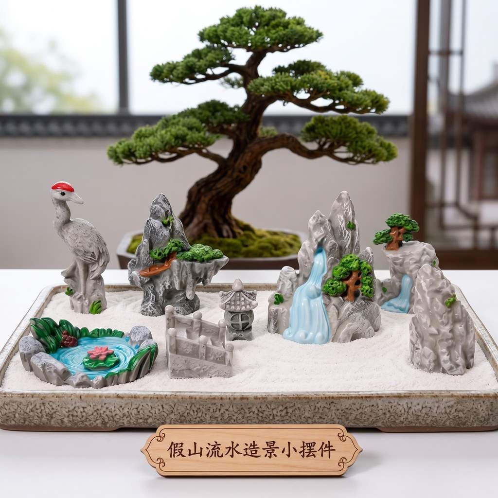 Resina Micro paisagem acessório conjunto chinês Zen pequenos ornamentos guindaste Rockery cachoeira lagoa pedra ponte or