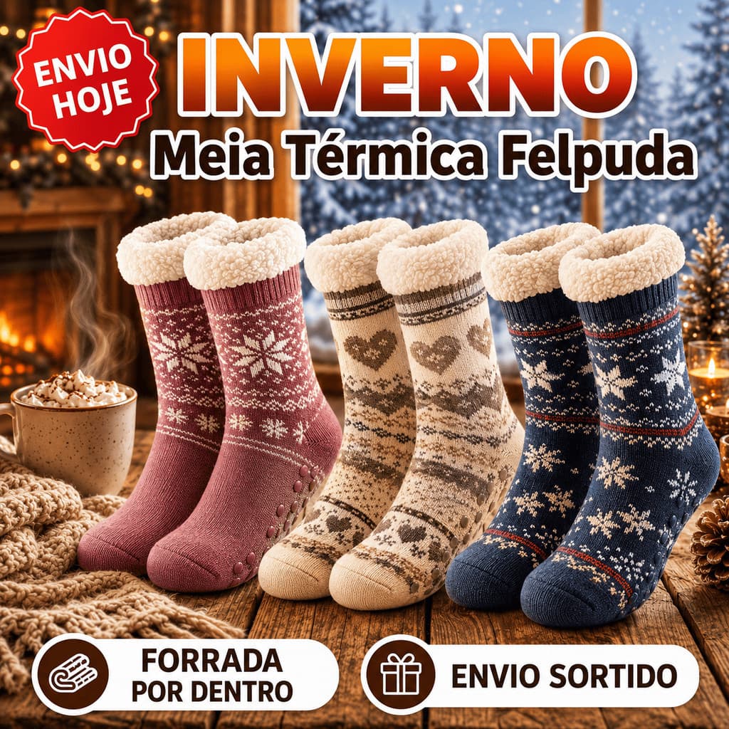 Kit 3 Meias Quentinha Inverno Felpuda Térmica Cano Médio Alto Lã Grossa Antiderrapante