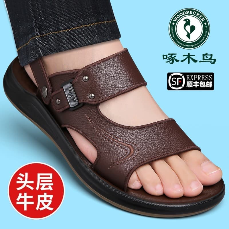 Sandálias de pica-pau masculinas de couro genuíno, sapatos casuais de praia, primeira camada de couro, verão, respirável