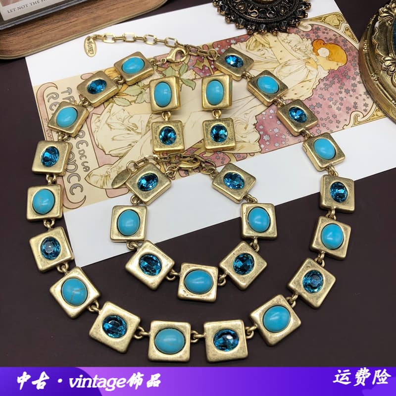 Conjunto de jóias vintage Medieval angustiado ouro turquesa safira incrustada colar pulseira brincos All-Match feminino