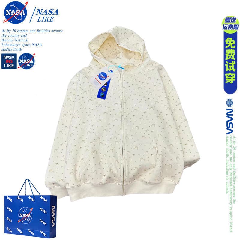 NASA Pequeno Floral Com Capuz Moletom Cardigan Jaqueta Homens Mulheres 2024 Outono Novo Estilo Preguiçoso Casal Casual M