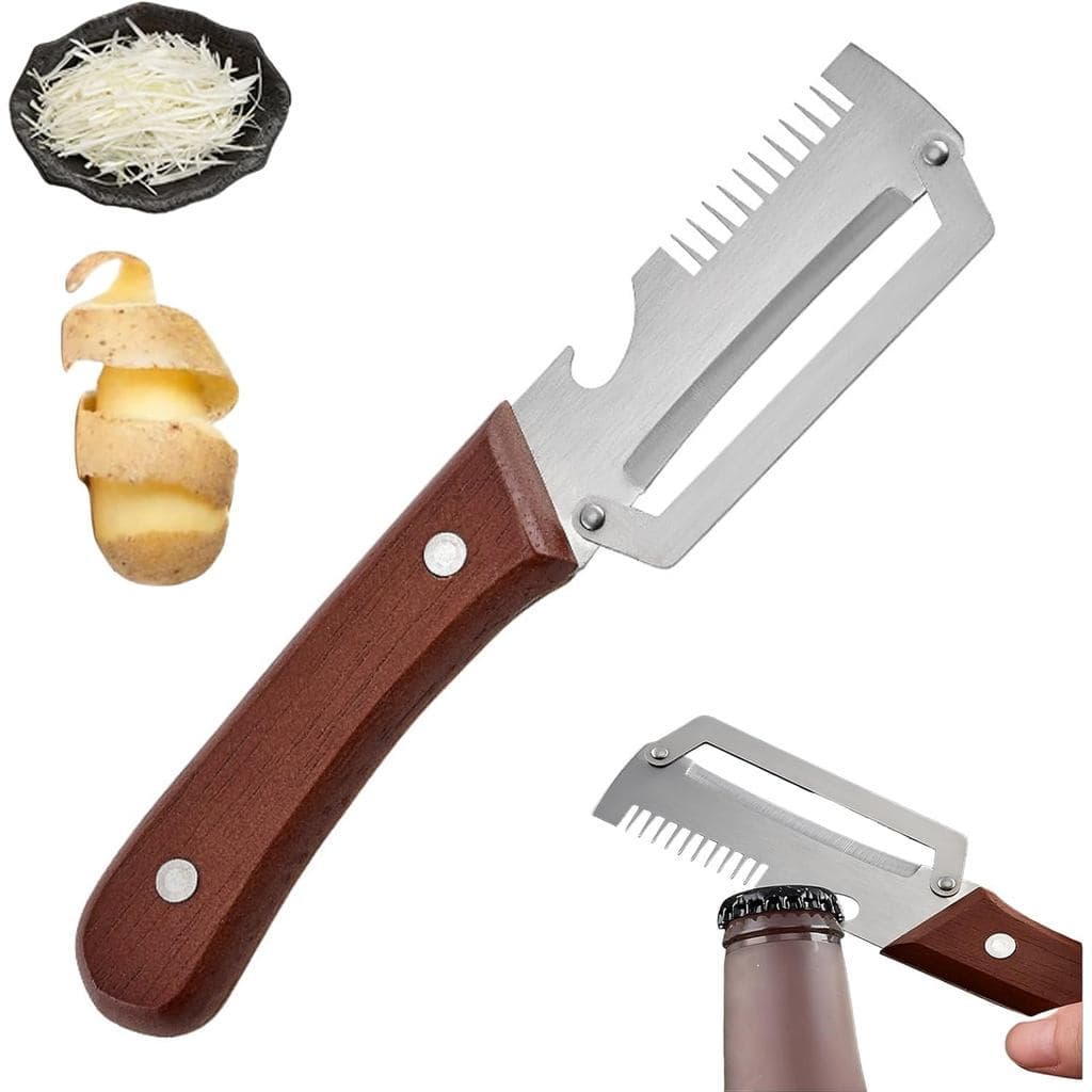 Descascador de Legumes com Cabo de Madeira e Abridor de Garrafas, Descascador Julienne de Aço Inoxidável, Utensílios de