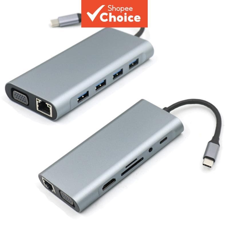 Adaptador USB-C Hub 11 em 1 com HDMI 4K/VGA/Tipo C PD/RJ45/Leitor de Cartão SD/TF para Notebooks MacBook