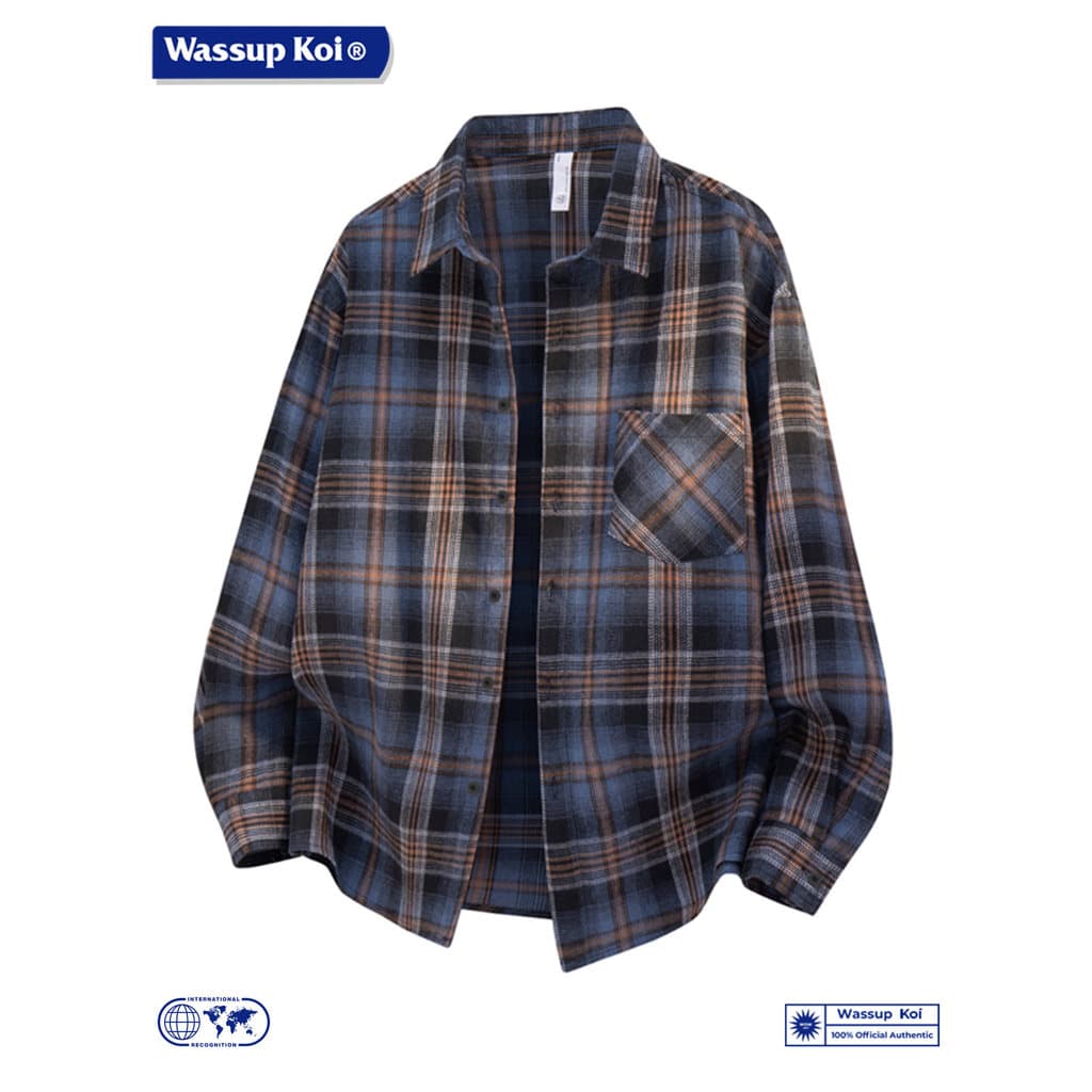 WASSUP KOI Camisa xadrez retrô de manga comprida masculina primavera High-End rufião bonito camisa solta jaqueta Casual