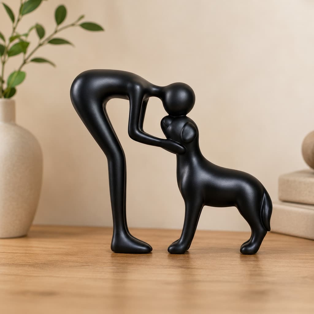 Escultura Decorativa Homem e Cachorro Laço Eterno Estátua Minimalista Moderna para Sala Aparador e Escritório