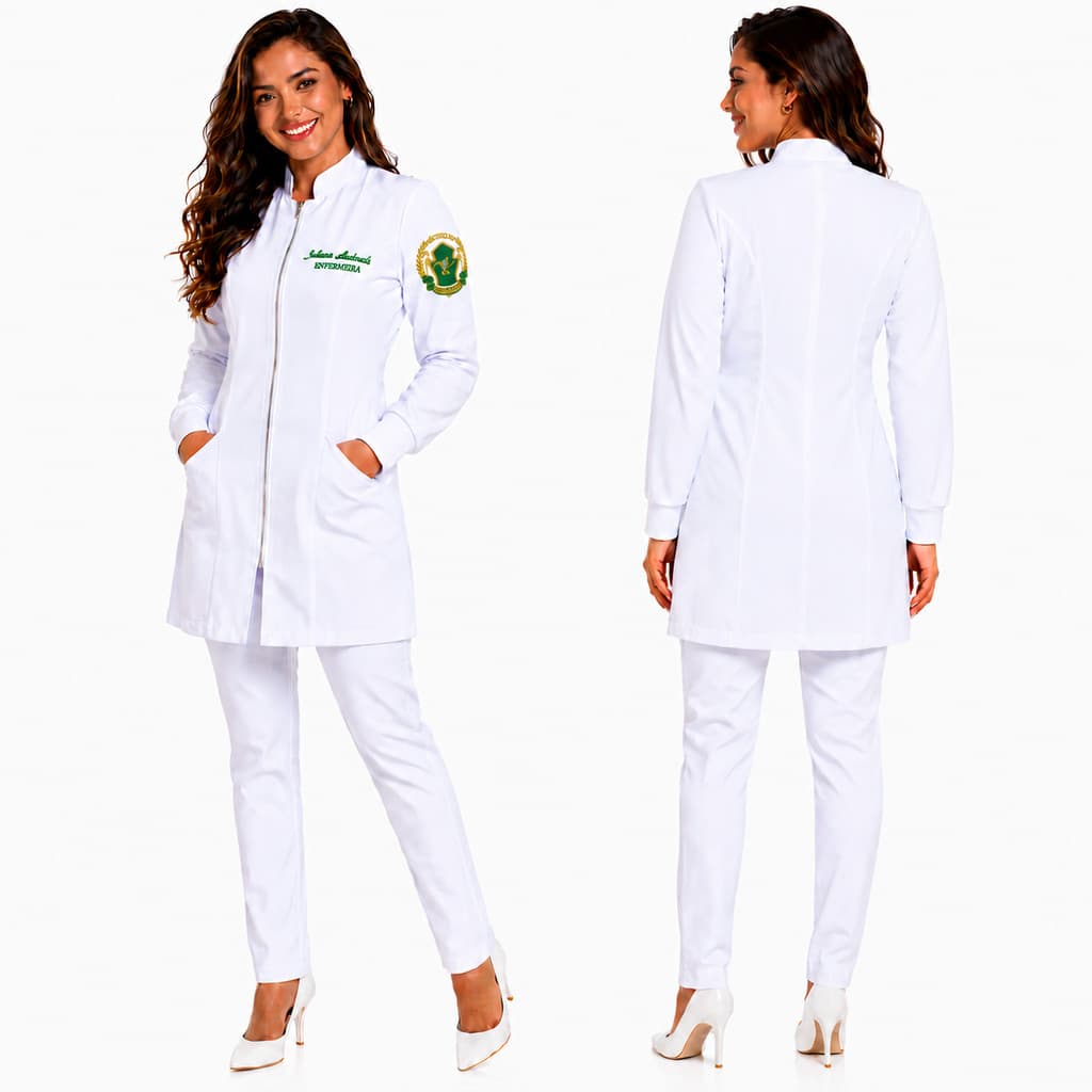 Jaleco Feminino COM PUNHO Acinturado Bordado Nome + Brasão Biomedicina Premium