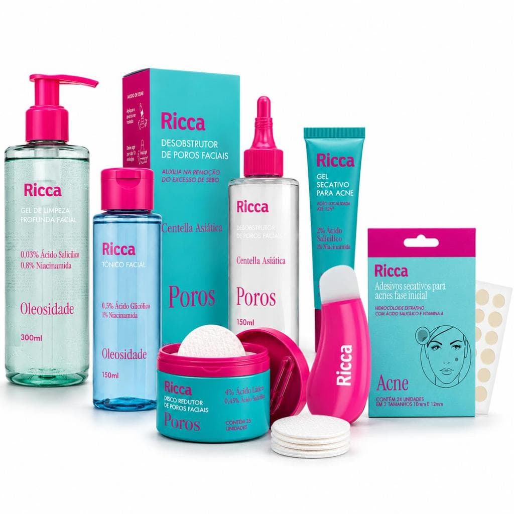 Kit Ricca Facial: Gel De Limpeza Profunda, Desobstrutor de Poros, Tônico, Disco e Gel Secativo + Mimo
