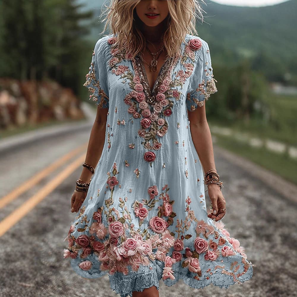 Vestido Feminino com Decote em V, Renda Estampada, Corte Solto, Manga Curta, Saia de Comprimento Médio M0EB