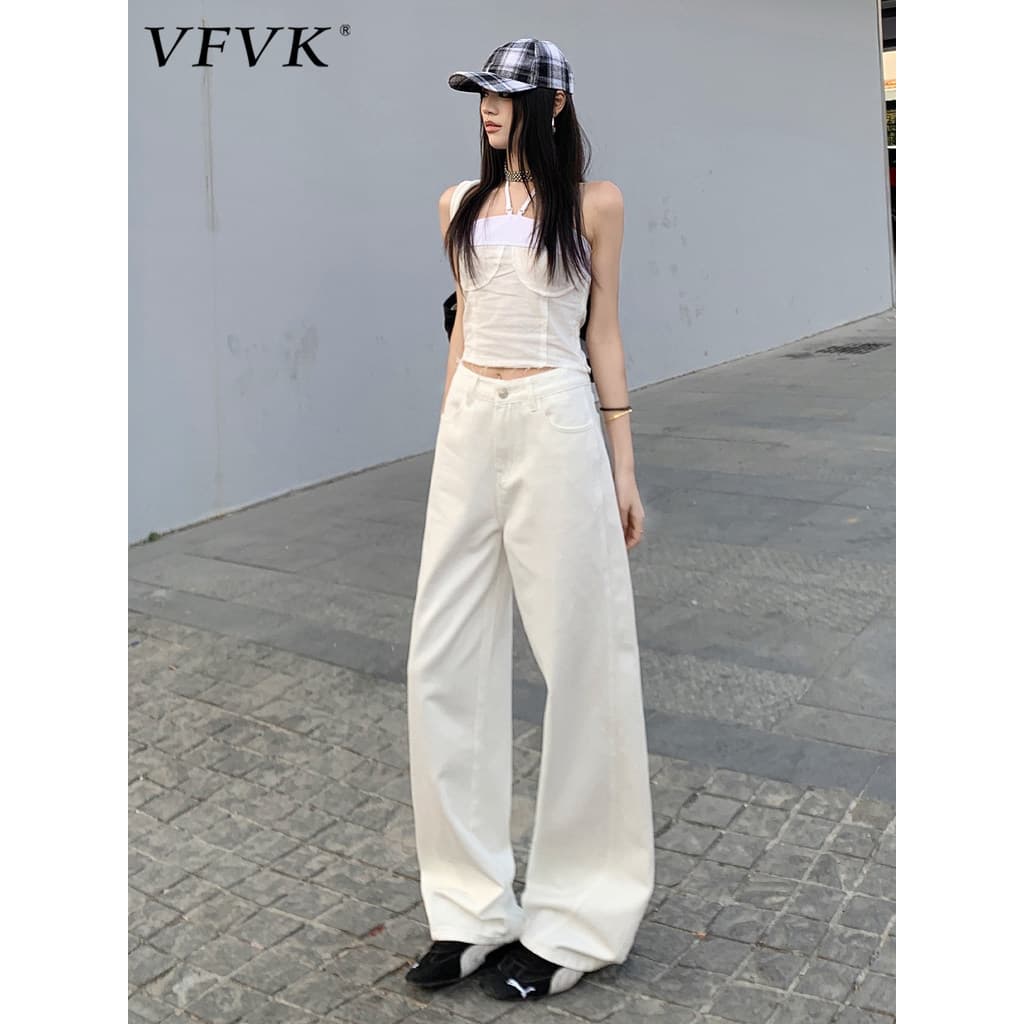 Vfvk Calça Jeans reta de cintura alta feminina verão novo estilo Casual pequena calça branca drapeada solta calça larga