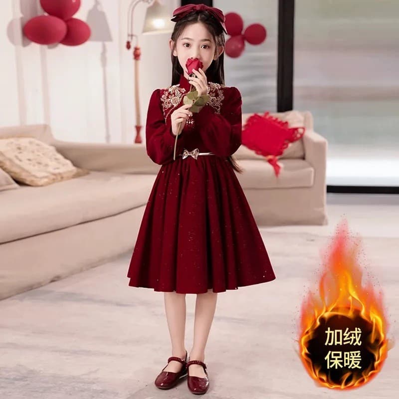 Meninas velo-vestido de lã inverno novo estilo médio grande crianças vermelho vestido de ano novo outono inverno novo ve