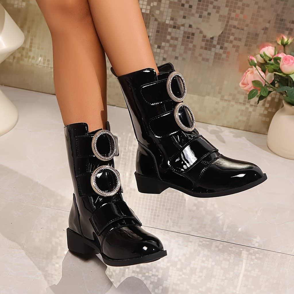 Botas de Tornozelo Pretas com Strass para Mulheres, Novo Design, Botas de Trabalho de Nicho, Estilo Popular, Tamanho Peq