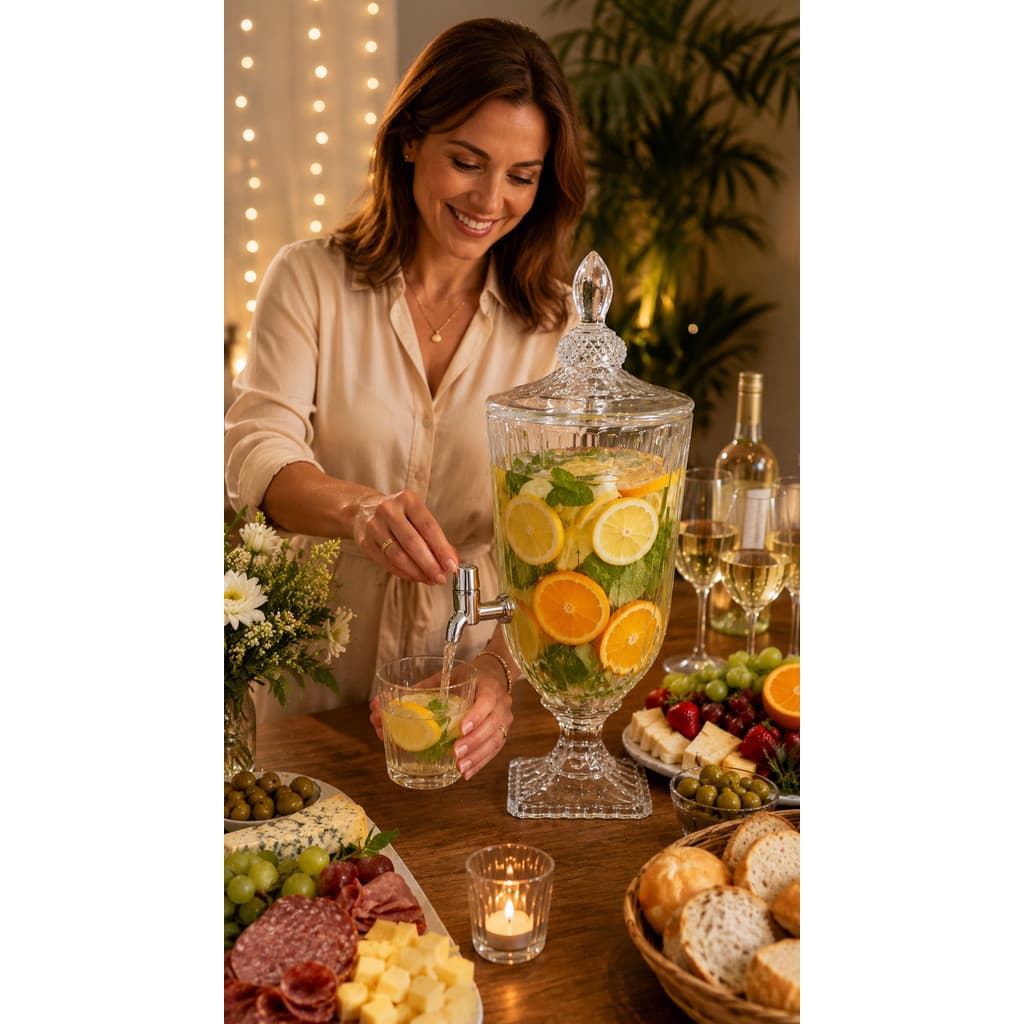 Suqueira Dispenser De Vidro 1,8L Versailles Transparente Luxo Com Torneira Diamante Buffet Festa