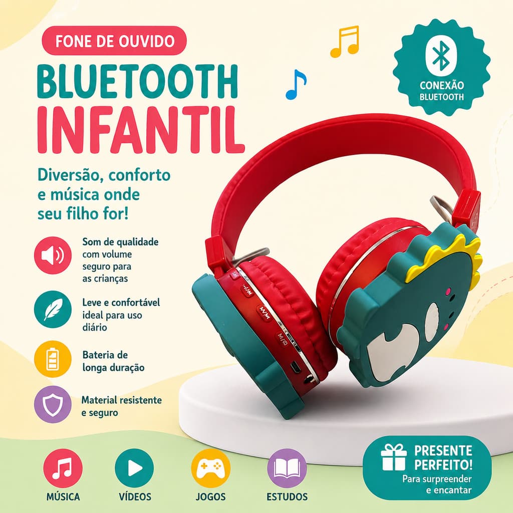 FONE DE OUVIDO BLUETOOTH INFANTIL DINOSSAURO KA-9016 KAPBOM HEADPHONE SEM FIO EXTRA BASS COM MICROFONE