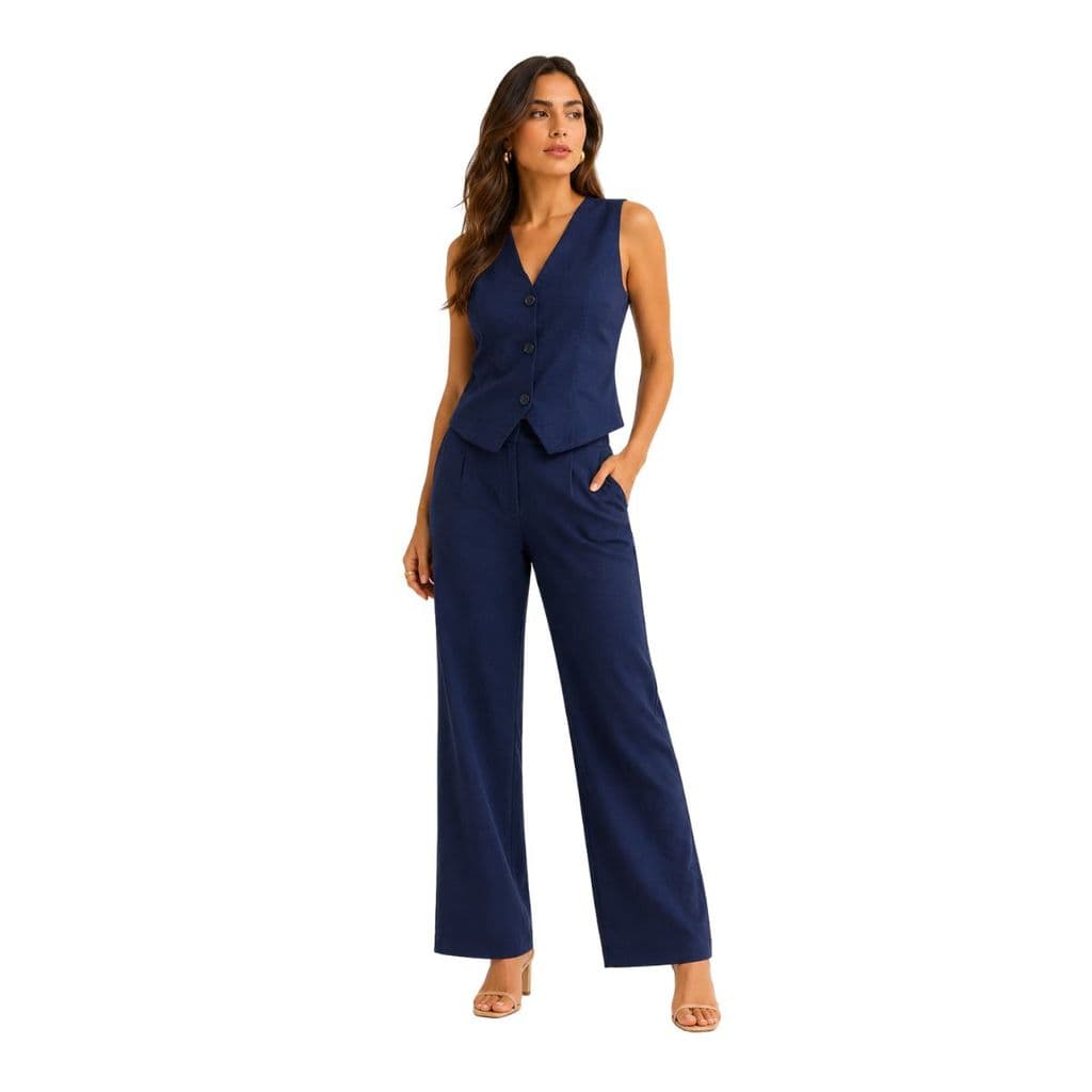 Conjunto Colete Pantalona Feminino, Botões, Bolsos, Social, Tecido Marrante, Tamanhos: G, GG