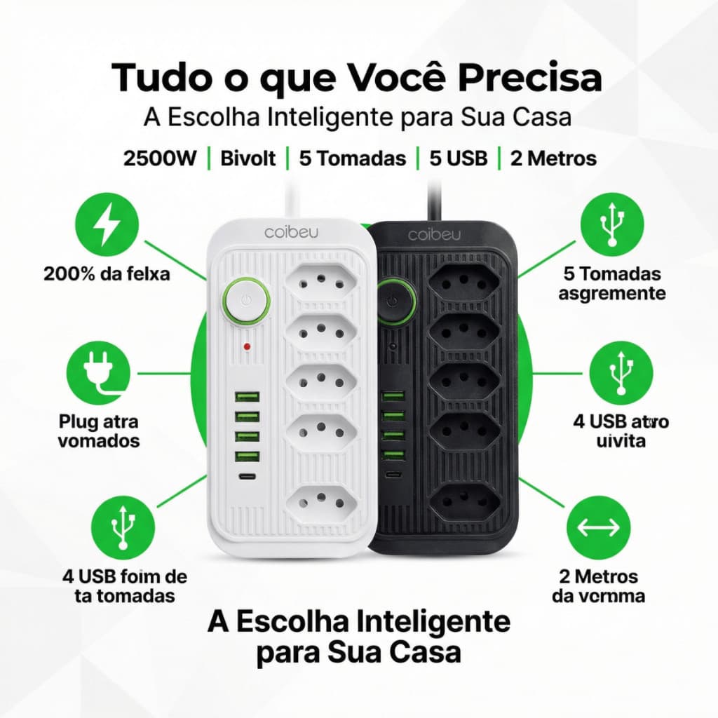 Estação de Energia 10 em 1 | 2500W, 5 Tomadas + 4 USB + 1 Type-C, Bivolt Automático, 2m Cabo