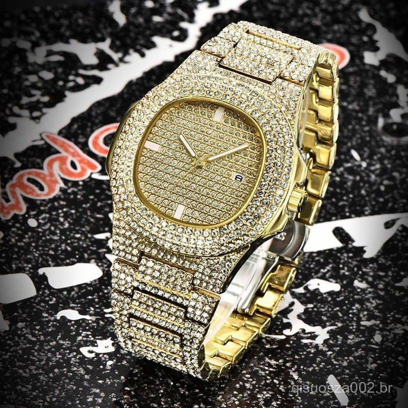 Relógio de quartzo folheado a ouro com diamantes relógio de quartzo feminino casual com diamantes estilo hip-hop