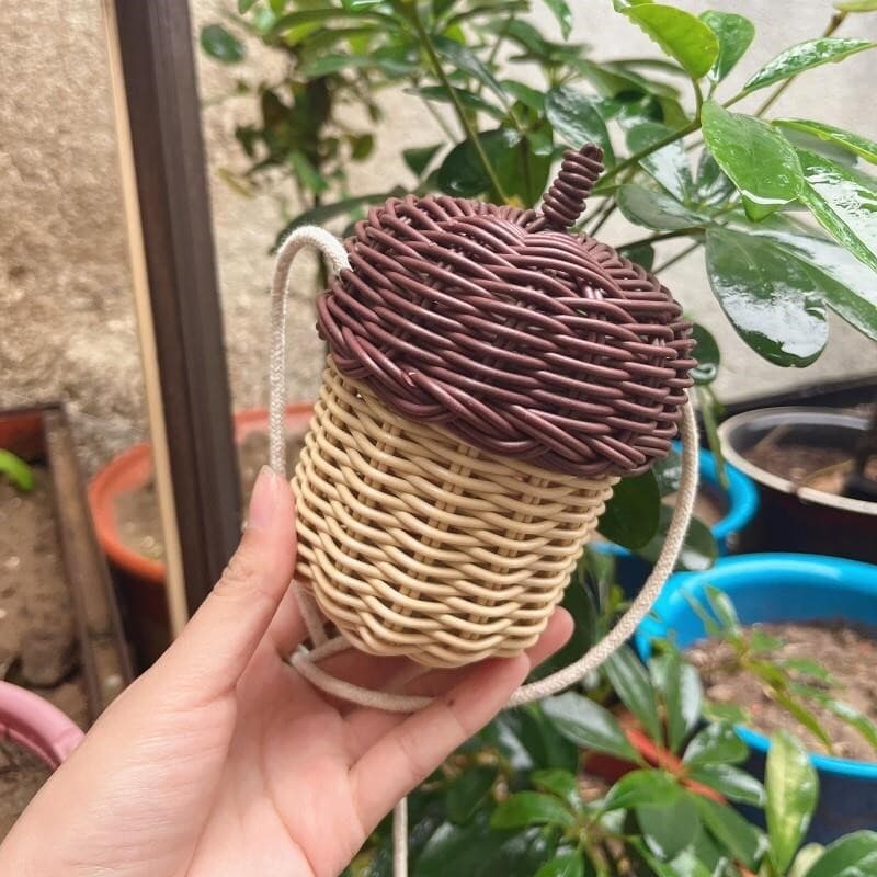 Verão crianças bonito mini decorativo pequeno saco meninas Rattan bolota saco influenciador bebê Cross-corpo pinha tecid