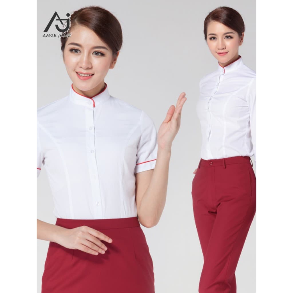Novo estilo chinês camisa feminina gola alta camisa contraste cor borda vermelha magro-ajuste workwear profissional Wear