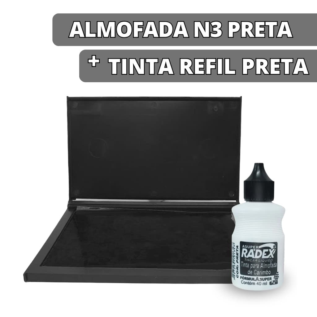 Kit Almofada Para Carimbo Carimbeira N3 + 1 Tinta Refil 40ml Cor Preto
