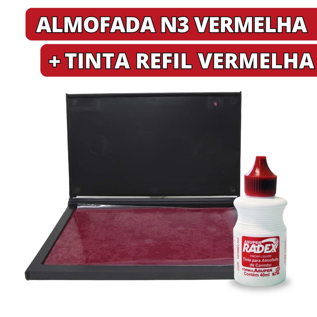 Kit Almofada Para Carimbo Carimbeira Média Vermelha + Tinta Refil 40ml Secagem Rápida