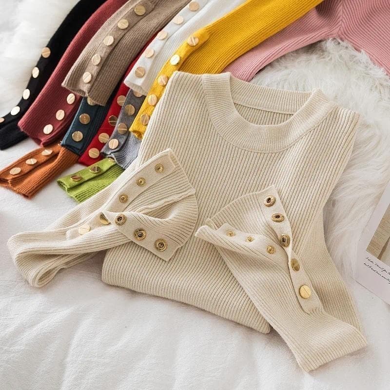 Suéter grosso de manga comprida, pulôver para outono e inverno, com botões e gola redonda, suéter feminino casual para u