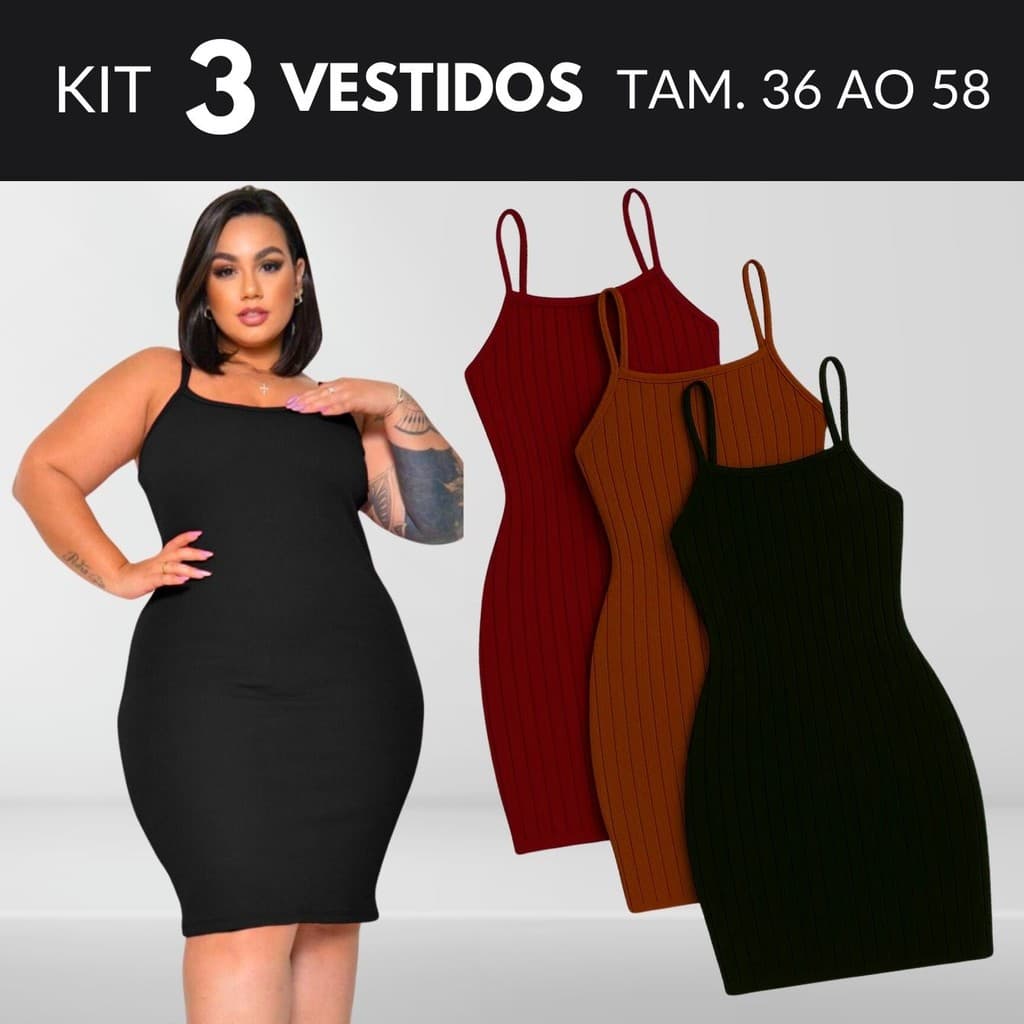 KIT 3 Vestido Feminino Vestido Midi Plus Size Vestido Canelado Vestidos Roupas Midsize Vestido Preto Tamanho 36 Ao 58