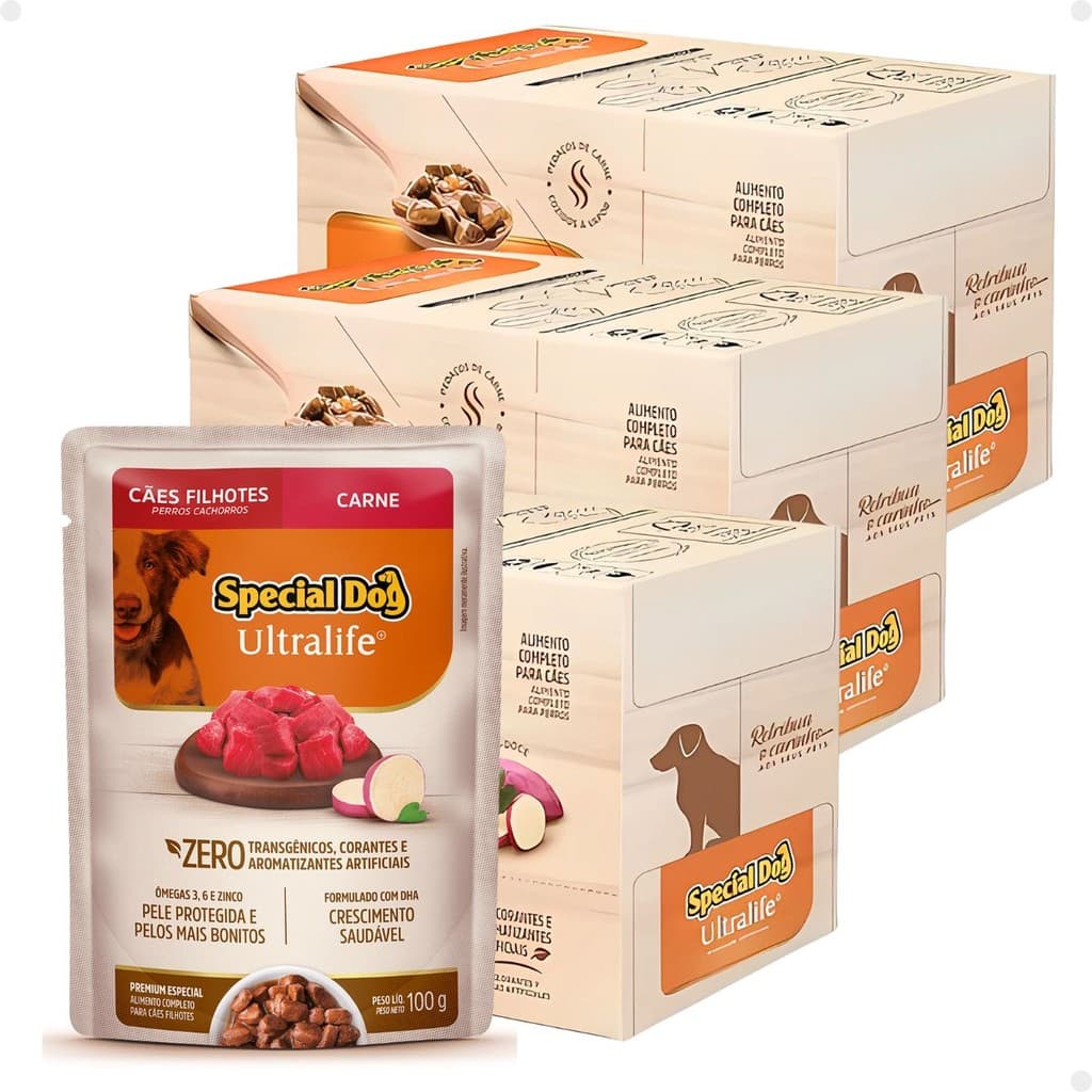 Kit 3 Caixa Sachê Special Dog Filhote Carne 36un Ração Umida