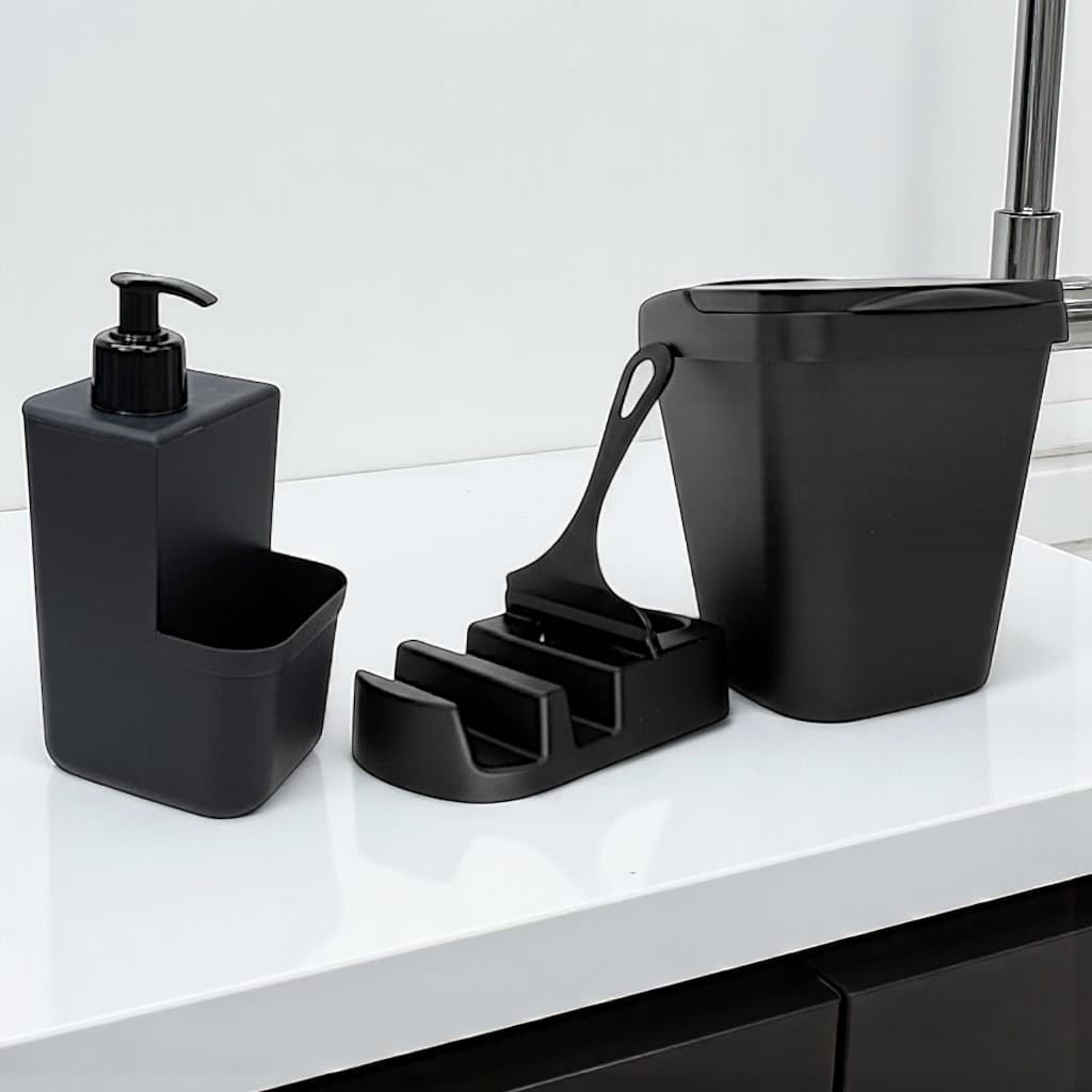 Kit Completo para Pia Cozinha – Lixeira 4,8L + Porta Detergente + Dispenser com Bucha + Rodinho