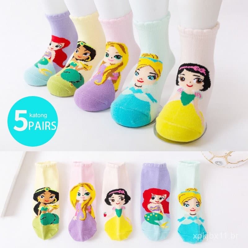 5 Pares de Meias Infantis da Princesa da Disney 1-12 Anos Algodão Meninas Presente de Aniversário e Feriado 1KQ7