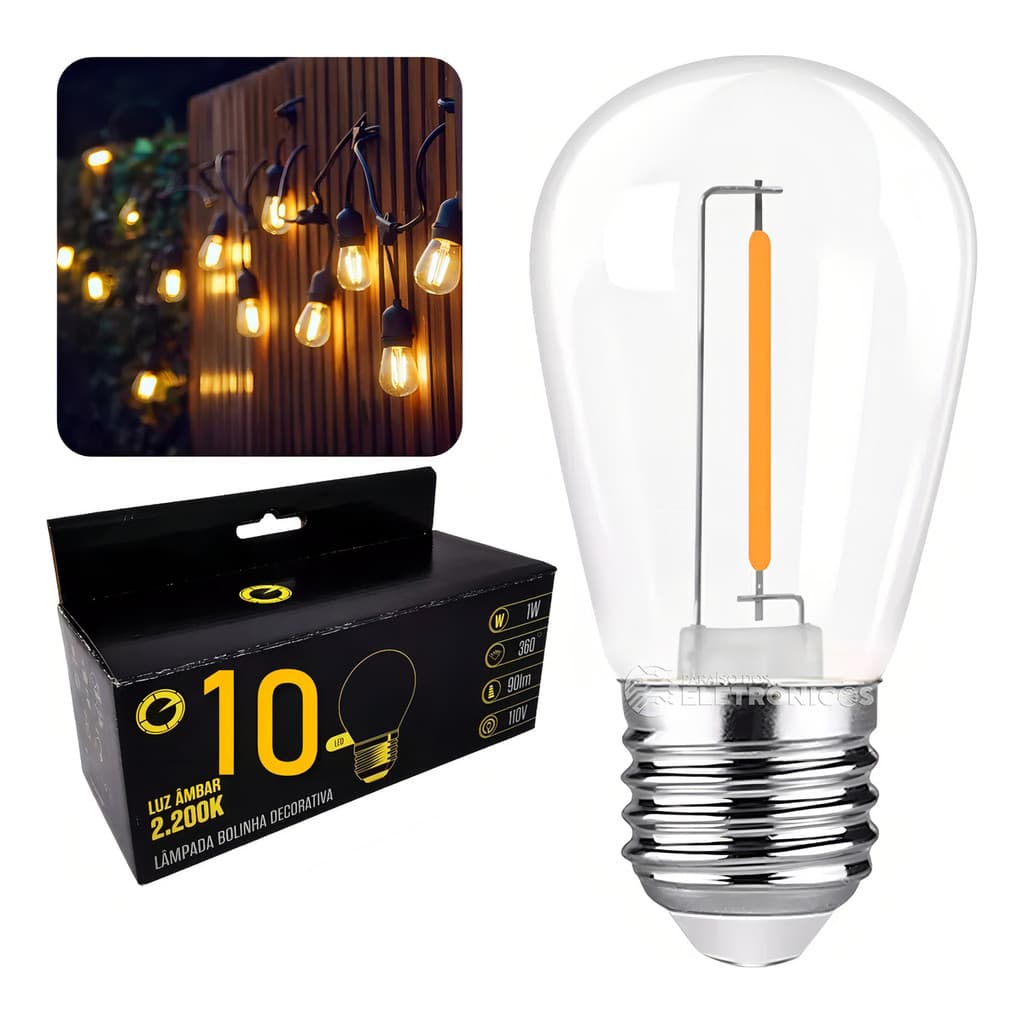 Kit 10 Lâmpadas Bolinha Filamento Led 1w S14 Iluminação 110V