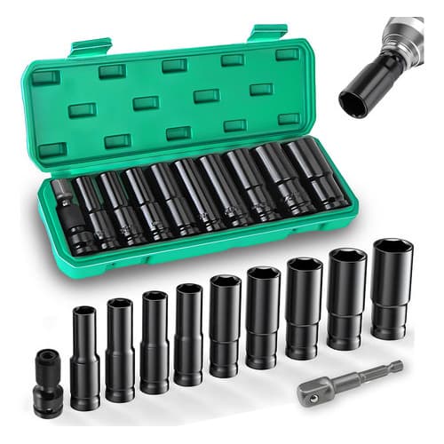 Kit Jogo Soquetes De Impacto 1/2 Polegada Longos Com 10 Peças Chaves Sextavadas