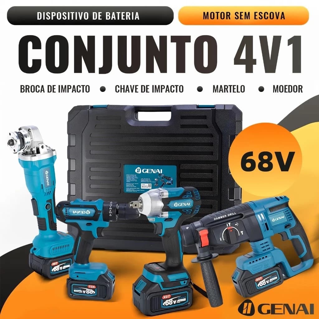 Conjunto 4 em 1 68V / furadeira, chave de fenda / chave de impacto / moedor / martelo + 2 baterias