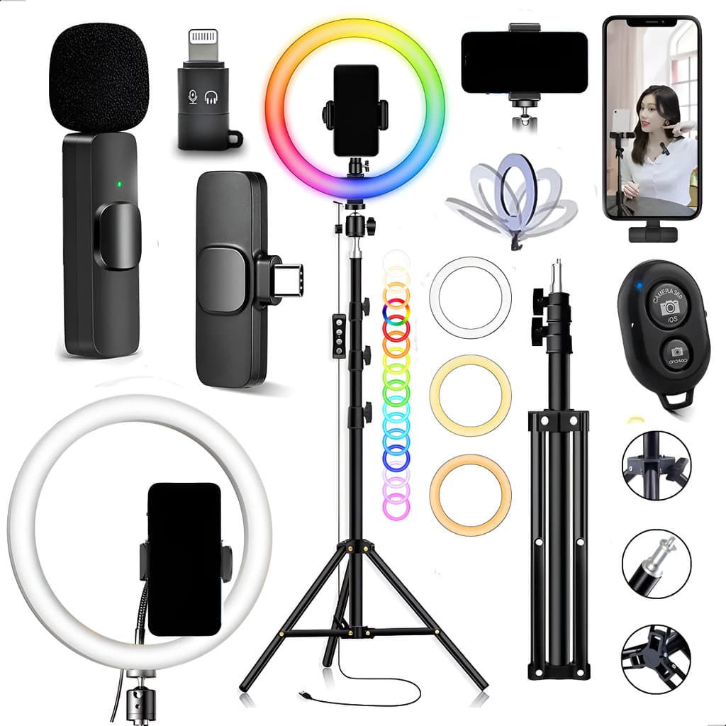 Kit Tiktok RGB Ring Light Luz Led Tripé 2,10m Microfone Lapela Bluetooth Controle Selfie