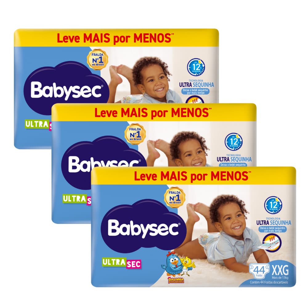 Kit Econômico 3x Fralda BabySec Hiper XXG c/ 44 uni- Ultrasec Galinha Pintadi Leve Mais Pague Menos