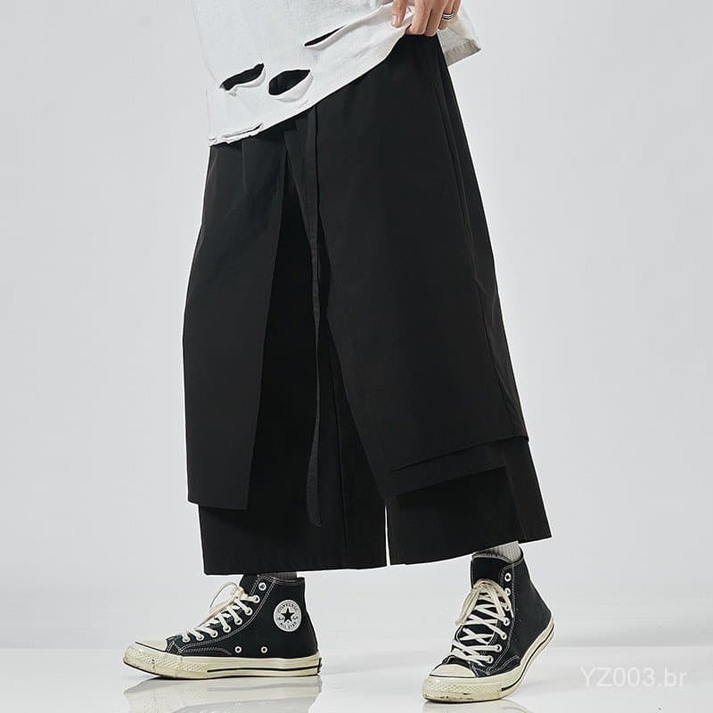 Calças masculinas casuais estilo japonês, tamanho grande, calças de comprimento 7/8, calças de perna larga R3WY