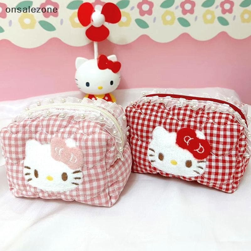 OZTH Bolsa De Maquiagem Xadrez De Renda Hello Kitty Sanrio KT Cat Cosméticos De Grande Capacidade Mão De Viagem Menstrua