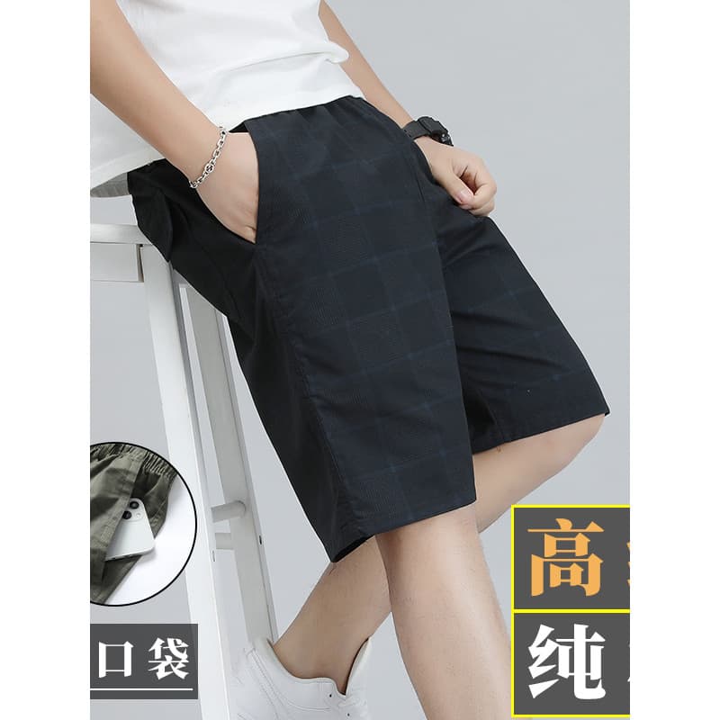 Shorts masculinos de algodão puro xadrez escuro, cordão elástico, zíper, bolso grande, negócios, Casual, solto, para cas