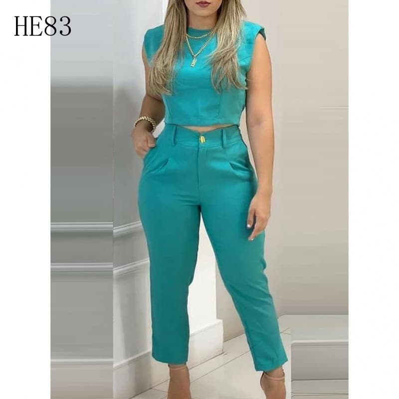 <   SZKJK >   Conjunto Feminino com Blusa Azul Casual e Calças de Verão Elegantes KH739