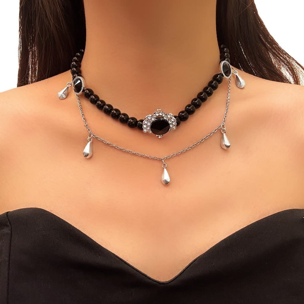 Europeu americano preto pérola temperamento High-End colar feminino Retro diamante geométrico colar gargantilha clavícul
