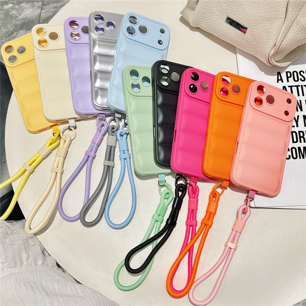 Luxo Macio Para Baixo Jaqueta Puffer Alça De Pulso Ajustável Caso Do Telefone Samsung Galaxy S26 S25 S24 FE 23 S22 Plus