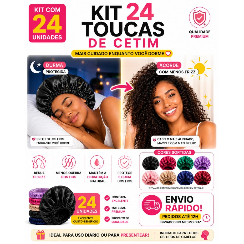Kit Com 24 Toucas de Cetim Anti Frizz Cetim Alto Brilho Ideal Para dormir Escolha sua Cor