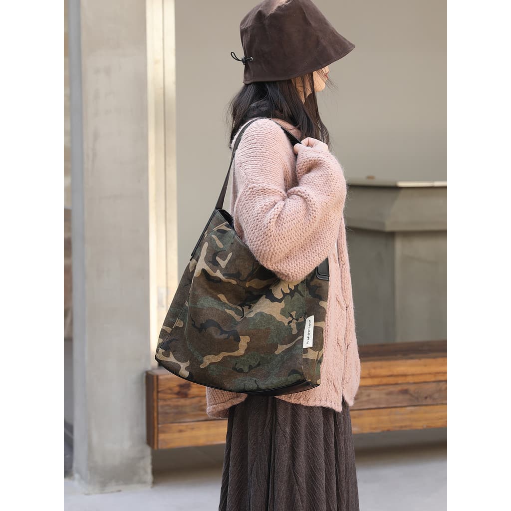 Textura moda camuflagem balde saco outono inverno lona Commuter axilas saco japonês estilo preguiçoso leopardo impressão