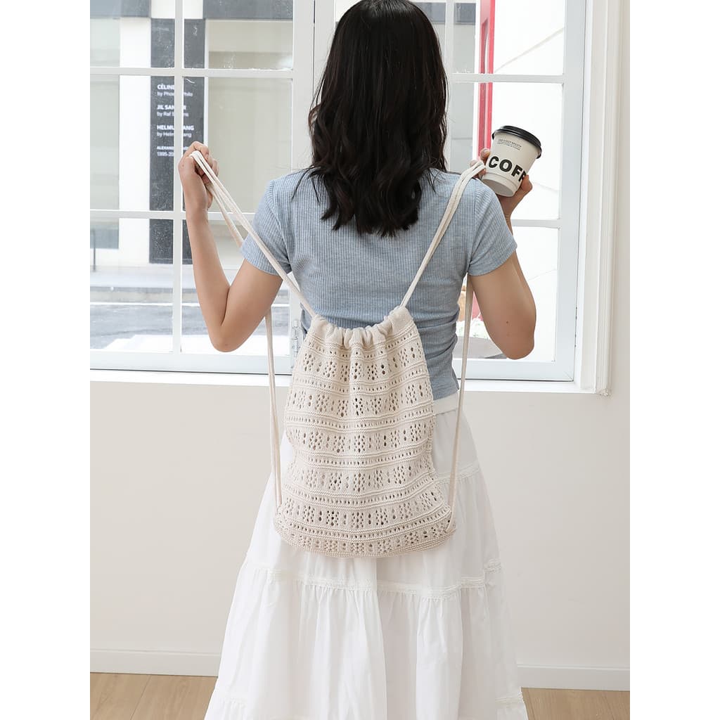 Japão japão coreia malha cordão balde saco feminino All-Match oco mochila ins Super quente férias listrado mochila de vi